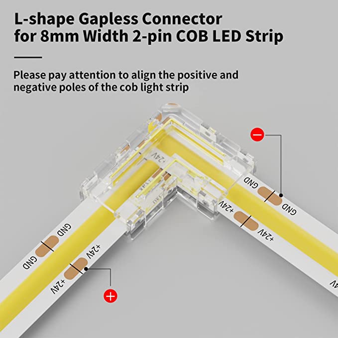 COB LED L Shape Connector for Strip Lights 8mm 2 PIN Non Wired