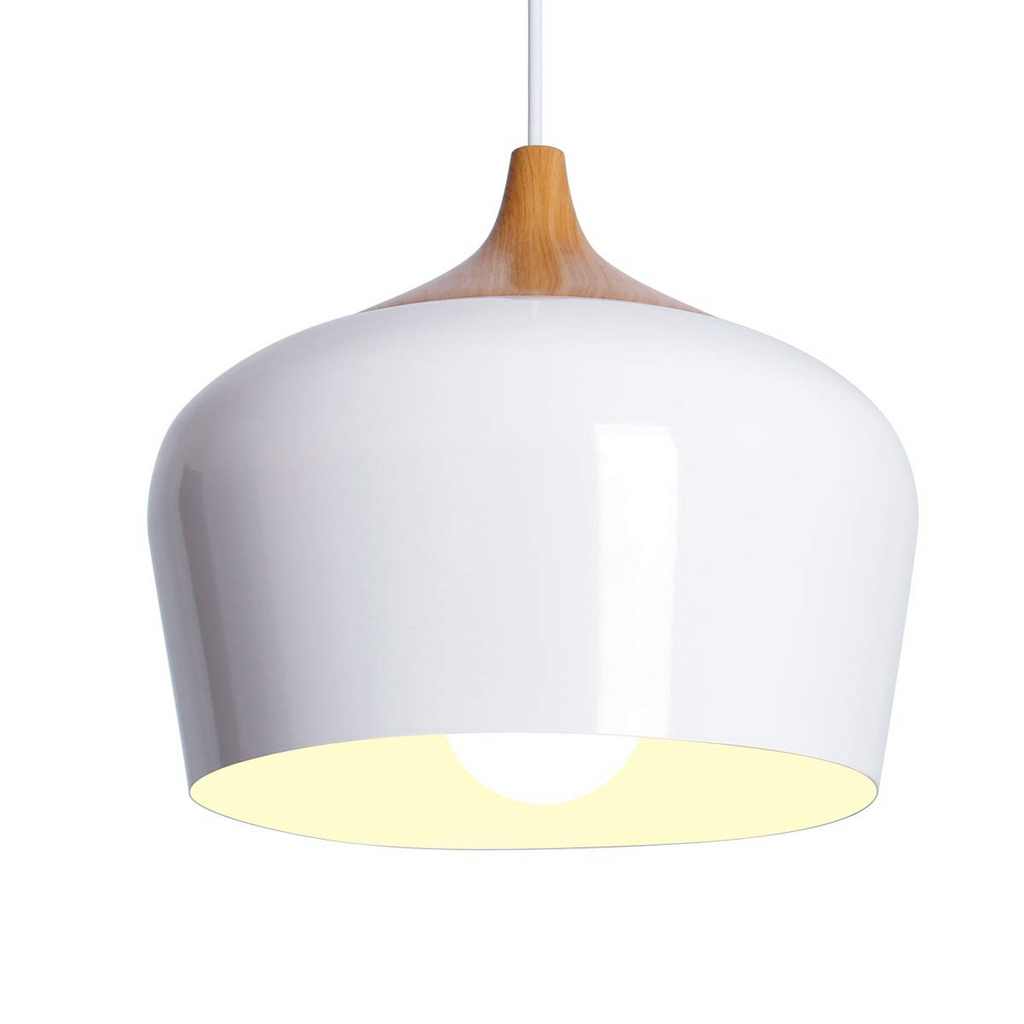 White Pendant Lamp with Wooden Detail, E27 Base Type